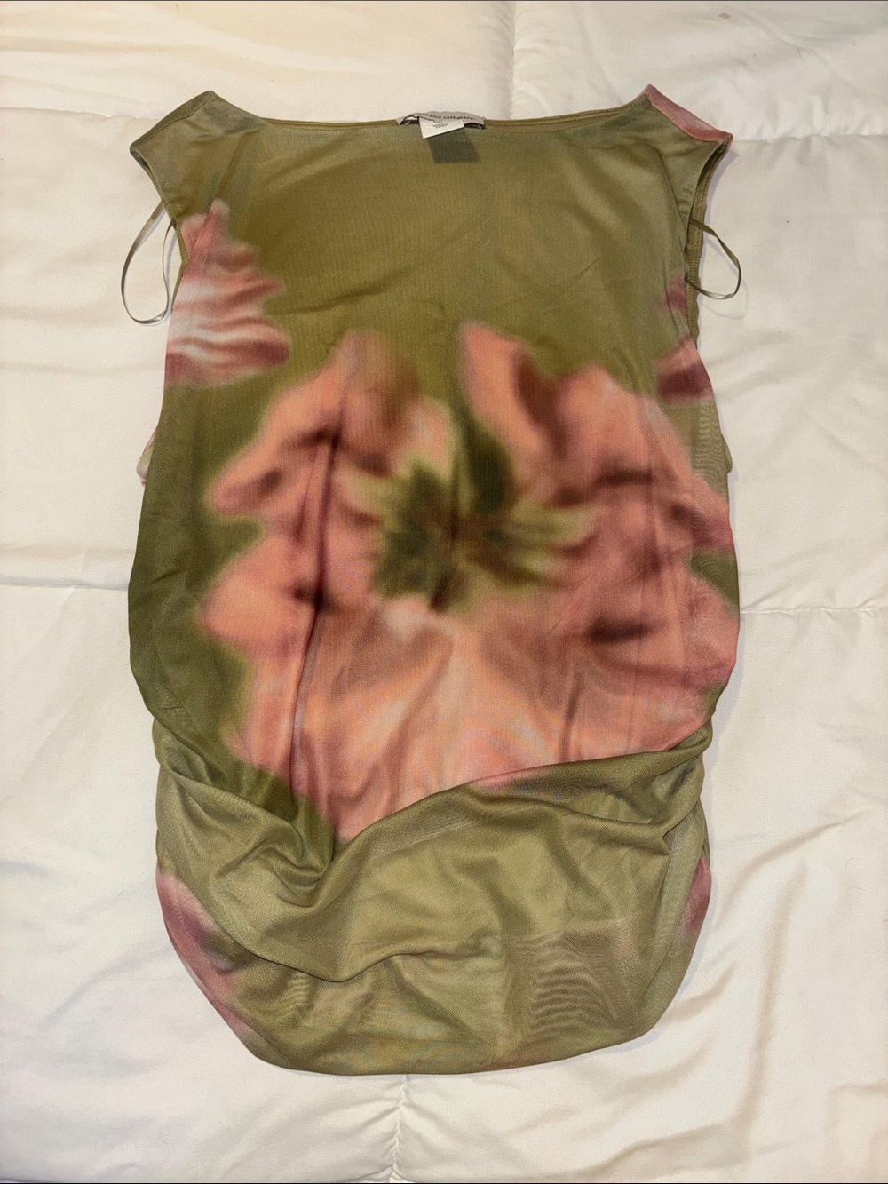 cupcakes & cashmere olive mesh top with pink floral overlay